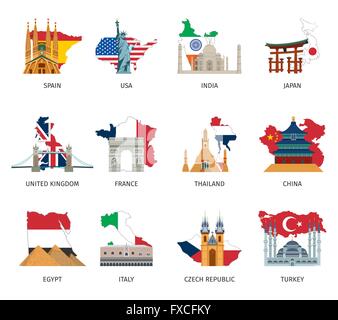 Länder Flaggen Wahrzeichen flache Icons Set Stock Vektor