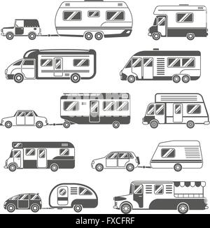 Wohnmobile schwarz weiße Icons Set Stock Vektor