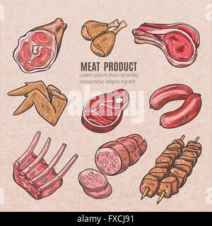 Fleisch-Produkte-Farbe-Skizzen Stock Vektor