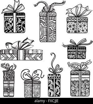Dekorative Geschenke Boxen set schwarz doodle Stock Vektor