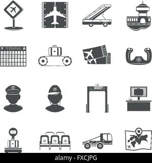 Flughafen schwarzen Icons set Stock Vektor
