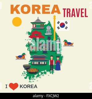 Koreanische Kultur Symbole Karte Reisen Poster Stock Vektor