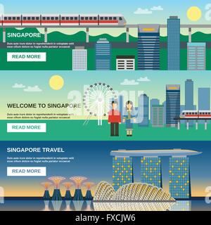 Singapur Kultur 3 flache Banner Set Stock Vektor