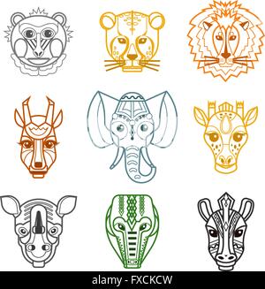 Afrikanische Tiere Köpfe Masken Linie Symbole Stock Vektor