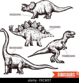 Handgezeichnete Dinosaurier set schwarz doodle Stock Vektor