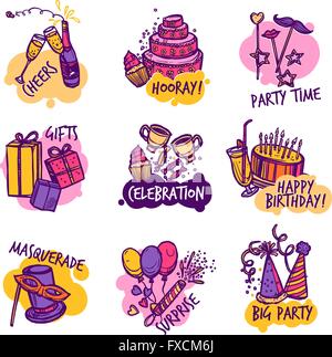Geburtstag Party bunte Embleme-Labels festlegen Stock Vektor