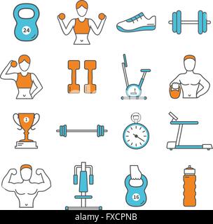 Fitness flache Farbe Linie Icons Set Stock Vektor