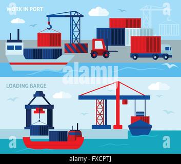 Flache Farbe Seaport horizontale Banner Stock Vektor