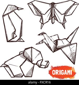 Handgezeichnete Origami Figuren Set Stock Vektor