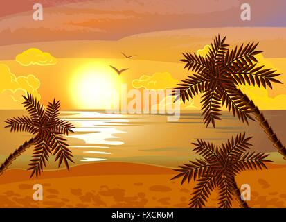 Tropischer Strand Sonnenuntergang poster Stock Vektor
