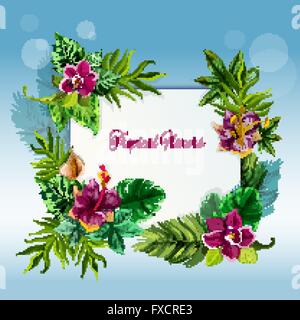 Tropische Blüten und Blätter Rahmen Stock Vektor