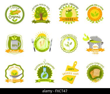 Bio-Lebensmittel-Marken-Etiketten-Vorlagen legen Sie flach Stock Vektor