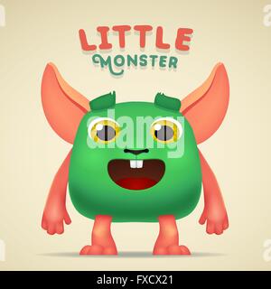 Niedliche Cartoon grün alien Kreatur Charakter mit kleinen Monster Schriftzug. Spaß flauschige mutierten Kaninchen isoliert auf hellem Hintergrund. Stock Vektor