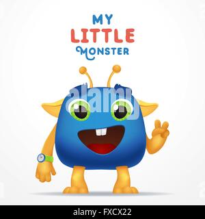 Lustige blaue Cartoon fremden Eindringling. Meine kleinen Monster Typografie. Niedliche flauschige Charakter mit Uhr auf hellem Hintergrund isoliert. Stock Vektor