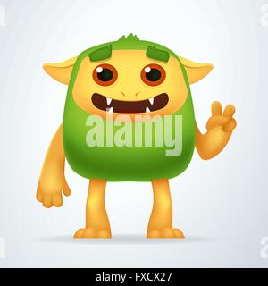 Niedliche Cartoon Green Beast mit Sieg Geste. Spaß flauschige unmöglich Kreatur isoliert auf weißem Hintergrund. Stock Vektor