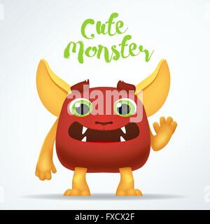 Comic-Cartoon rote Kreatur Figur mit niedlichen Monster Schriftzug. Spaß Mutanten isoliert auf hellem Hintergrund. Stock Vektor