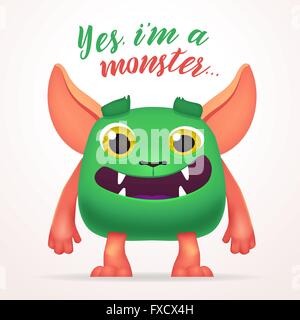 Niedliche Cartoon grüne Kreatur Charakter mit Ja ich bin ein Monster-Schriftzug. Spaß flauschige mutierten Kaninchen isoliert auf hellem Hintergrund. Stock Vektor