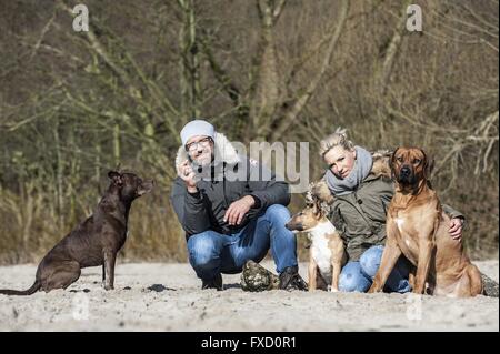 Mann und Frau mit 3 Hunden Stockfoto