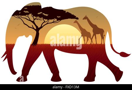 Afrikanische Landschaft in der Silhouette des Elefanten. Keine Transparenz verwendet. Einfache (lineare) Farbverläufe verwendet. Stock Vektor