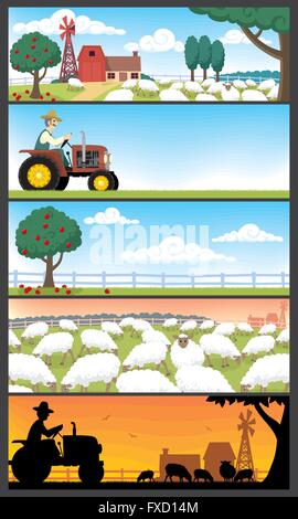 5 Bauernhof Landschaften. Sehr gut geeignet für Website-Banner. Stock Vektor