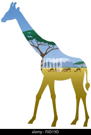 Afrikanische Landschaft in der Silhouette der Giraffe. Keine Transparenz verwendet. Einfache (lineare) Farbverläufe verwendet. Stock Vektor