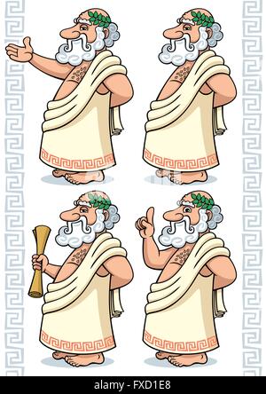 Cartoon griechischer Philosoph in 4 verschiedenen Posen. Stock Vektor