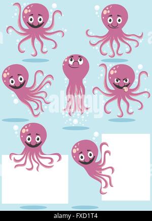 Cartoon-Oktopus in 7 Posen. Stock Vektor