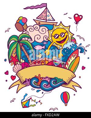 Hand gezeichnet Sommer Doodle. Keine Transparenz und Farbverläufe verwendet. Stock Vektor