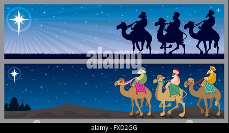 Zwei Weihnachts-Banner mit den drei weisen Mеn und den Stern von Bethlehem. Stock Vektor