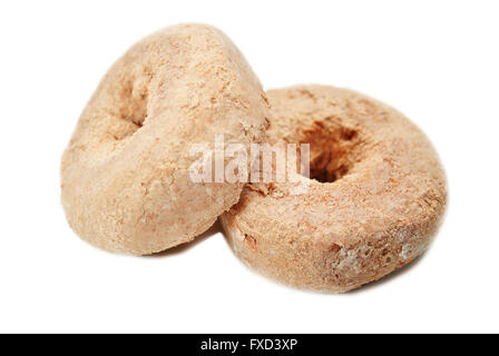Zwei Puderzucker Zimt Donut, Isolated on White Stockfoto