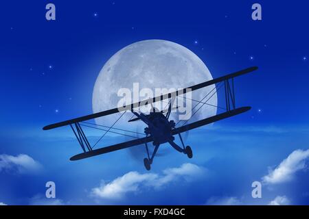 Vollmond Flugzeug Getaway abstrakte Darstellung. Vintage Flugzeug über den Wolken fliegen in der Nacht. Stockfoto