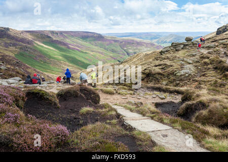 Wanderer auf und rund um den oberen Teil Grindsbrook Clough am südlichen Rande des Kinder Scout, Derbyshire, Peak District, England, Großbritannien Stockfoto