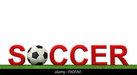 3D-Rendering des Fußball-Text mit Ball und Rasen isoliert auf weißem Hintergrund Stockfoto