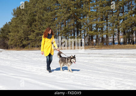 Frau spielt mit Hund im Winterwald Stockfoto