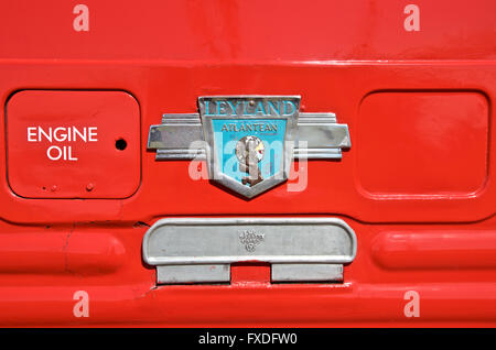 Leyland Atlantean Abzeichen auf einem renovierten Plymouth Stadtverkehr Bus in Dienst im Jahr 1960. Stockfoto