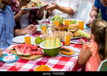 Familie zu Mittag am Rasen Stockfoto