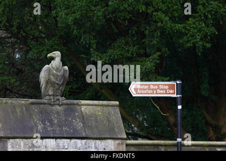 Stein Geier Skulptur Tier Wand und Zeichen für Wasser Bushaltestelle, Cardiff, South Glamorgan, Wales, Vereinigtes Königreich Stockfoto