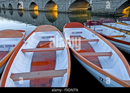 Weiße Tag Boote auf dem Fluss Avon in Stratford-upon-Avon, Warwickshire mit dem Stein gewölbt Clopton Bridge im Hintergrund. Stockfoto