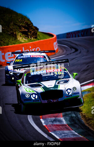 7. Februar 2015: Nr. 10 Bentley Team M-Sport – Bentley Continental GT3 angetrieben durch Steven Kane (GBR) / Guy Smith (GBR) / Matt Bell (GBR) führt Nr. 75 Jamec-Pem Racing-Audi R8 LMS angetrieben von Garth Tander / Rene Rast (GER) / Steven McLaughlin, "The Esses" während die Liqui Moly Bathurst 12 Stunden auf dem Mount Panorama Circuit in New South Wales, Sydney, Australien. 7. Februar 2016. © Hugh Peterswald/Alamy Live-Nachrichten Stockfoto