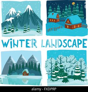 Digitale Grafik Set Winterlandschaft Stock Vektor