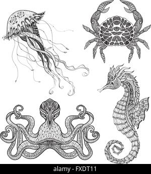 Meer marine Doodle set Stock Vektor