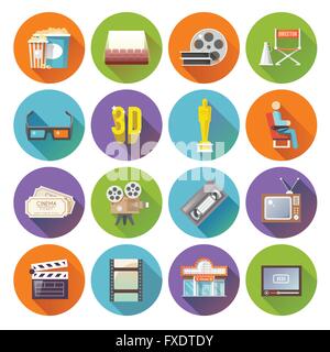 Kino Retro flache Runde Icons set Stock Vektor