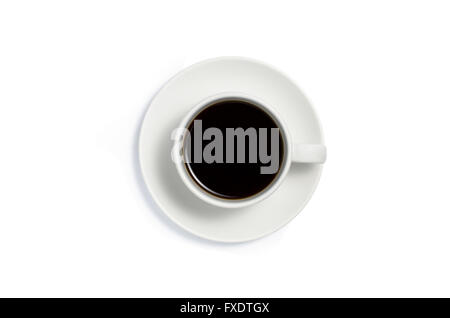 Draufsicht auf eine Tasse Kaffee, isolieren auf weiß mit Beschneidungspfad Stockfoto