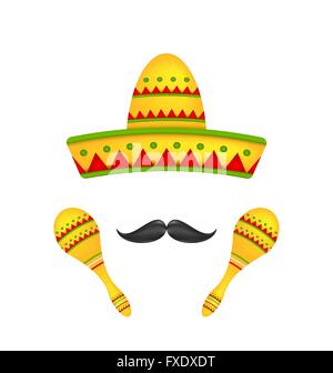 Symbole der mexikanischen Sombrero Hut, musikalische Maracas, Schnurrbart Stock Vektor