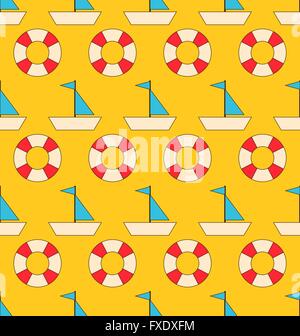 Nahtlose Muster mit Meer Elementen Segelboote und Rettungsring Stock Vektor