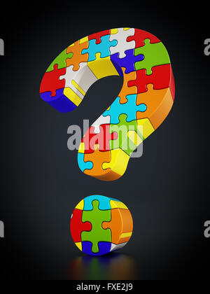 Jigsaw Puzzle-Teile bilden ein Fragezeichen steht auf schwarzem Hintergrund Stockfoto