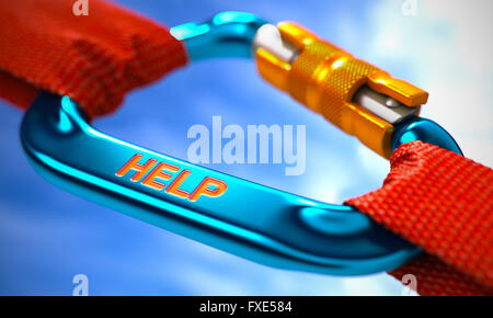 Hilfe zur blauen Karabiner mit einem roten Seilen. Stockfoto