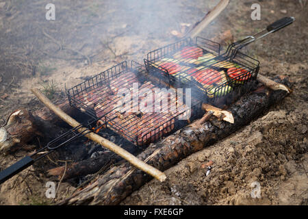 lecker gegrilltes Fleisch mit Gemüse über die Kohlen auf einem Grill Stockfoto