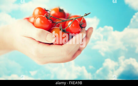 Nahaufnahme von Frau Händen mit Cherry-Tomaten Stockfoto
