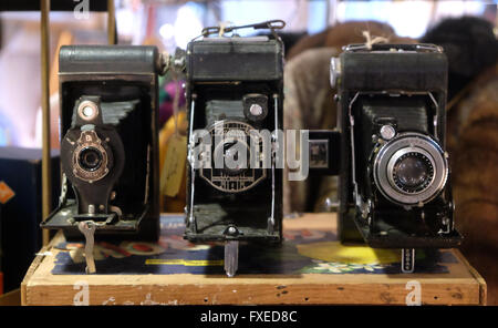 Alte Kameras auf dem Display an der innen Brooklyn Flohmarkt am Industrie-Stadt in Brooklyn, New York, Vereinigte Staaten von Amerika. Stockfoto